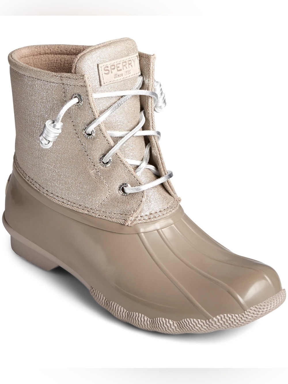 Sperry Women's Saltwater duck boots with Dove/Sparkle Textile" upper